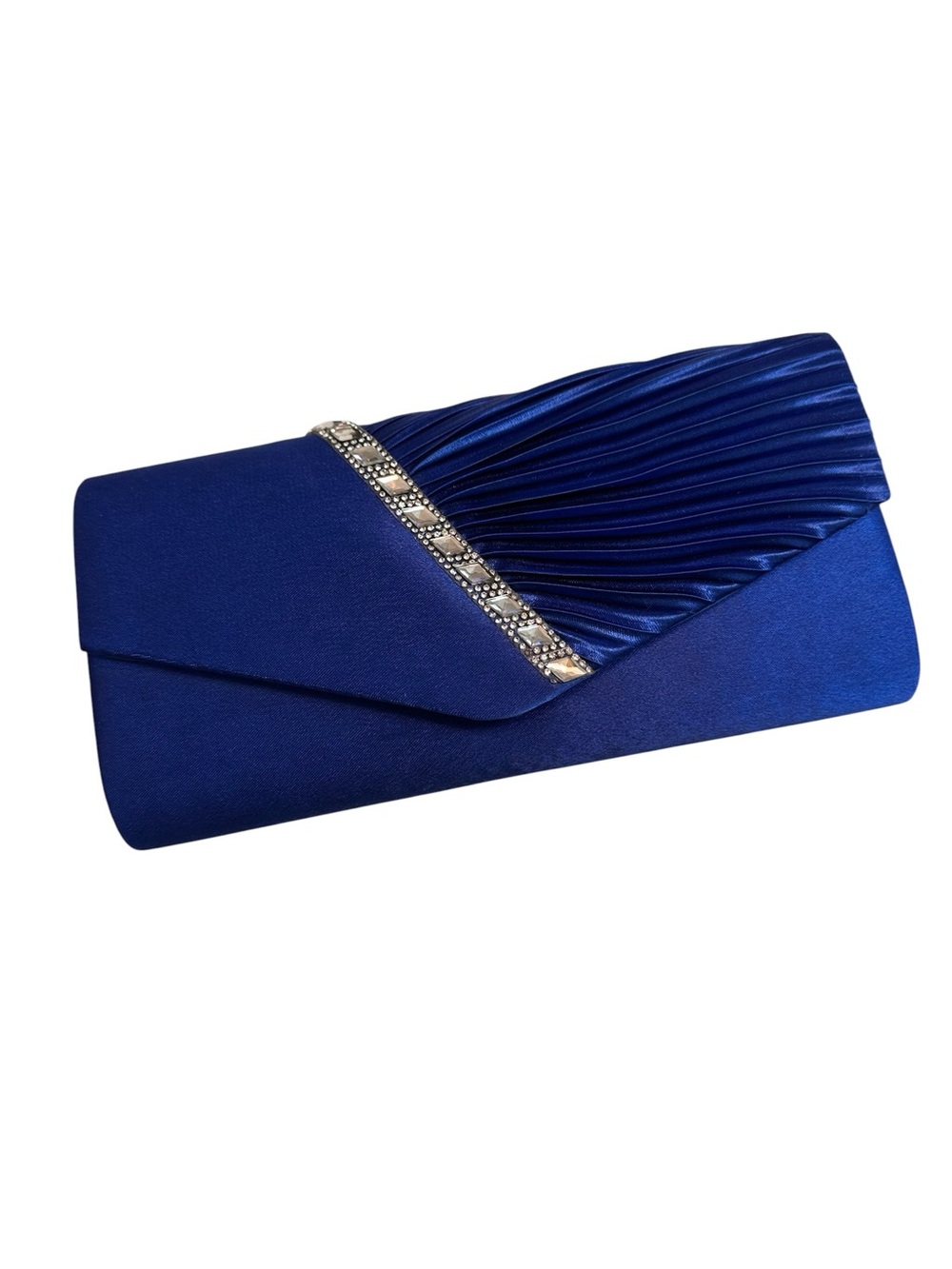 Royal Blue Satin Evening Clutch – Rhinestone Pleated Formal Handbag